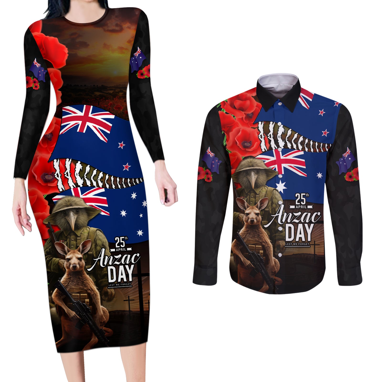 New Zealand and Australia ANZAC Day Couples Matching Long Sleeve Bodycon Dress and Long Sleeve Button Shirt National Flag mix Kiwi Bird and Kangaroo Soldier Style