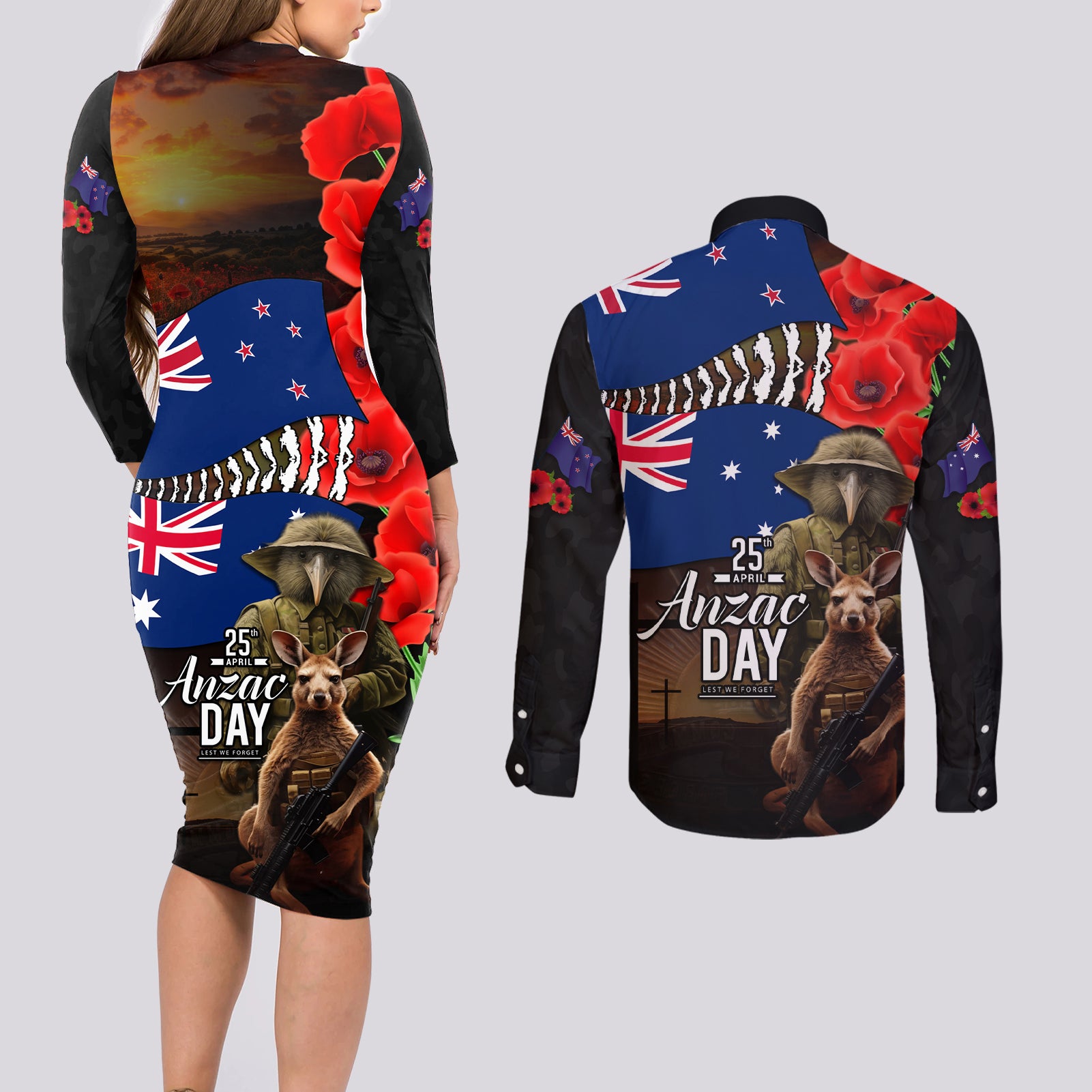 New Zealand and Australia ANZAC Day Couples Matching Long Sleeve Bodycon Dress and Long Sleeve Button Shirt National Flag mix Kiwi Bird and Kangaroo Soldier Style