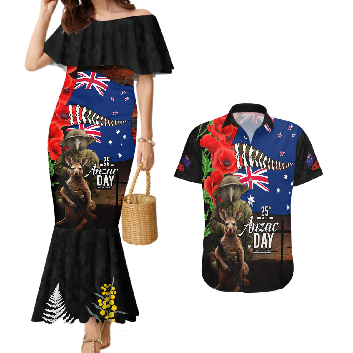 New Zealand and Australia ANZAC Day Couples Matching Mermaid Dress and Hawaiian Shirt National Flag mix Kiwi Bird and Kangaroo Soldier Style