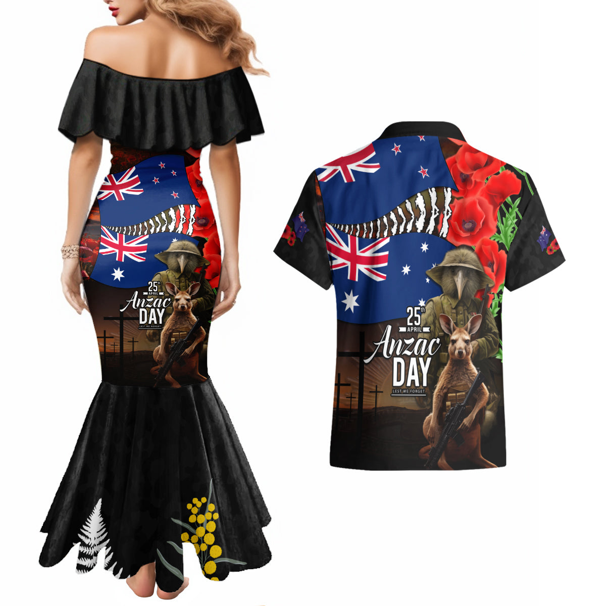 New Zealand and Australia ANZAC Day Couples Matching Mermaid Dress and Hawaiian Shirt National Flag mix Kiwi Bird and Kangaroo Soldier Style