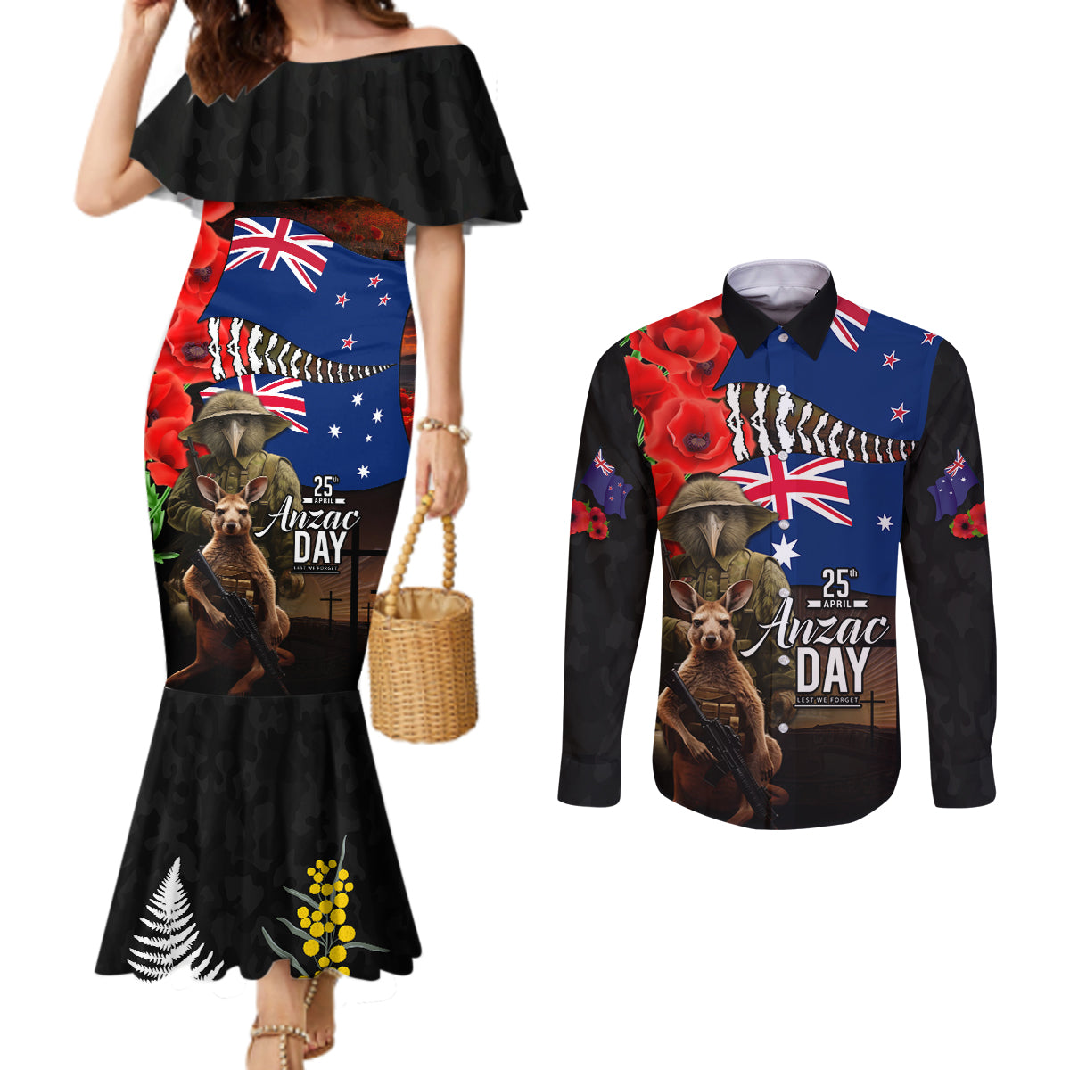 New Zealand and Australia ANZAC Day Couples Matching Mermaid Dress and Long Sleeve Button Shirt National Flag mix Kiwi Bird and Kangaroo Soldier Style