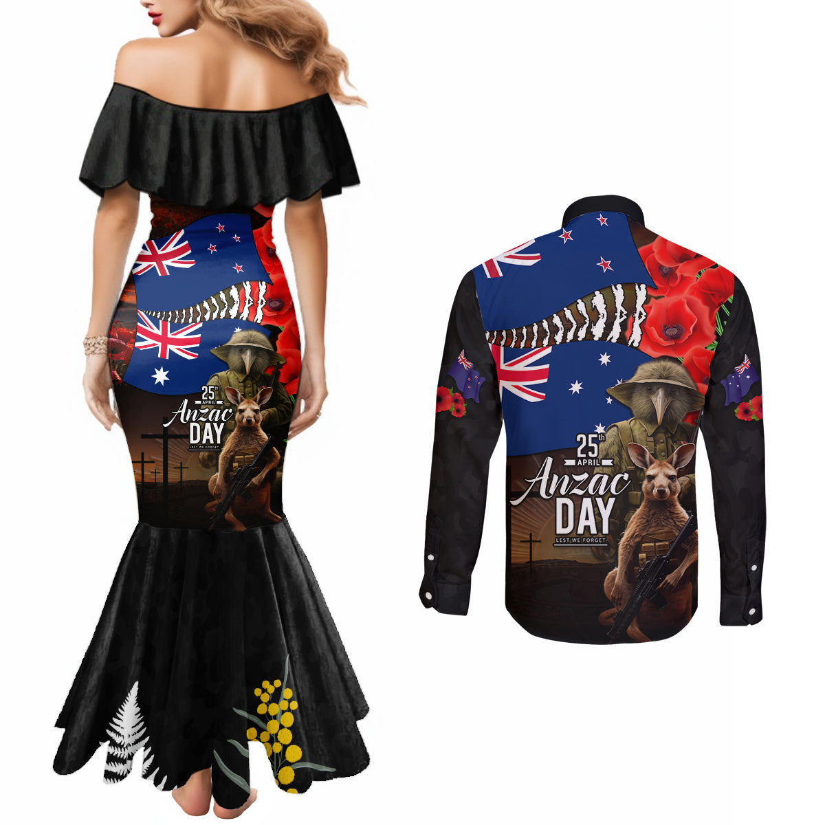 New Zealand and Australia ANZAC Day Couples Matching Mermaid Dress and Long Sleeve Button Shirt National Flag mix Kiwi Bird and Kangaroo Soldier Style