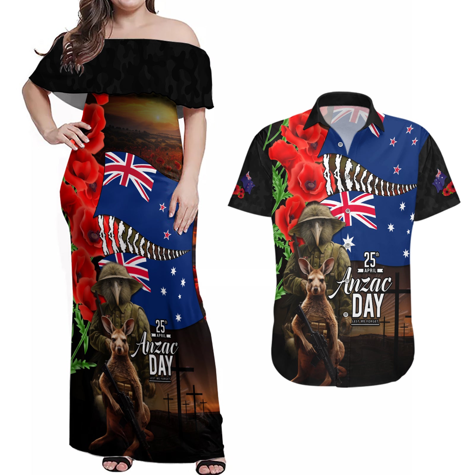 New Zealand and Australia ANZAC Day Couples Matching Off Shoulder Maxi Dress and Hawaiian Shirt National Flag mix Kiwi Bird and Kangaroo Soldier Style