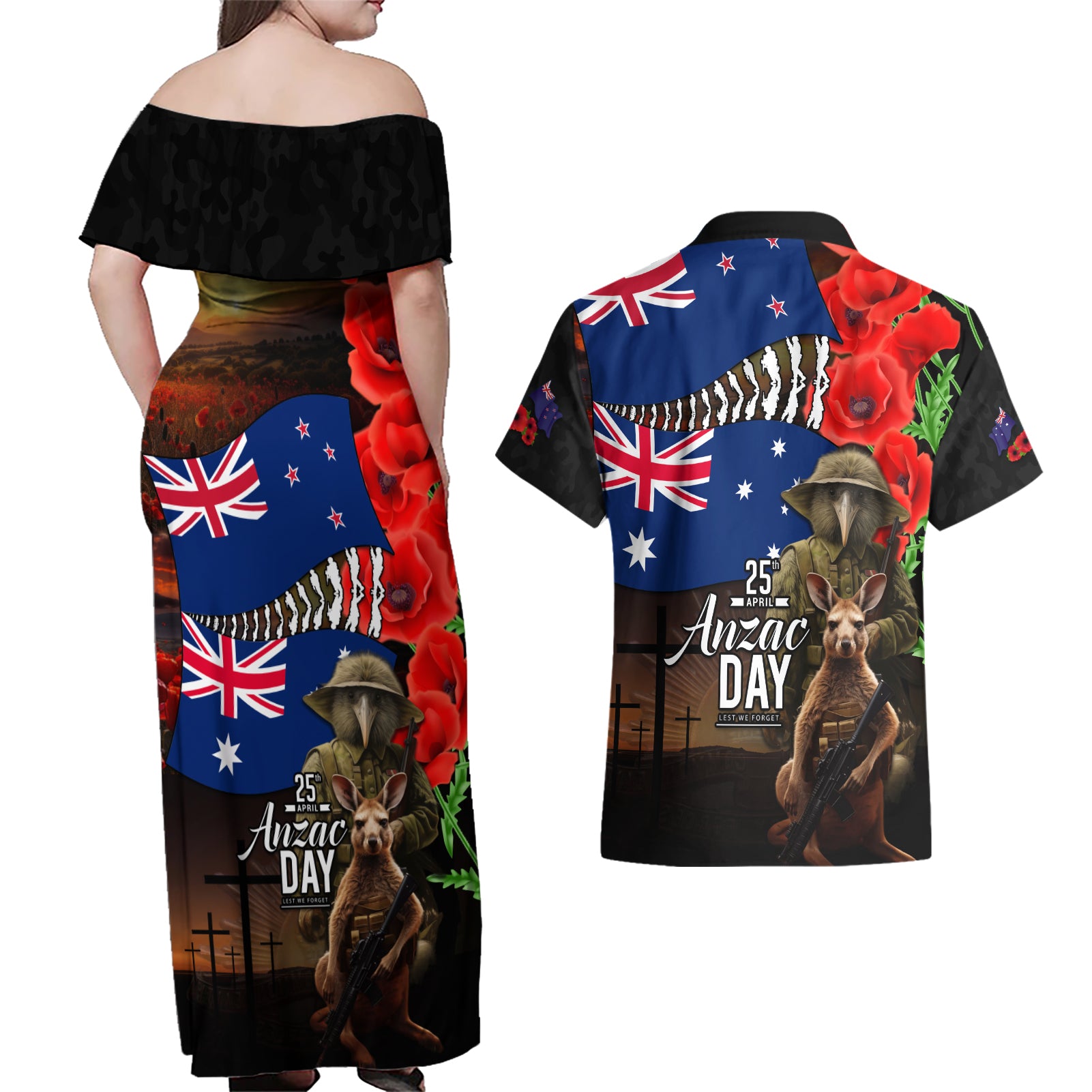 New Zealand and Australia ANZAC Day Couples Matching Off Shoulder Maxi Dress and Hawaiian Shirt National Flag mix Kiwi Bird and Kangaroo Soldier Style