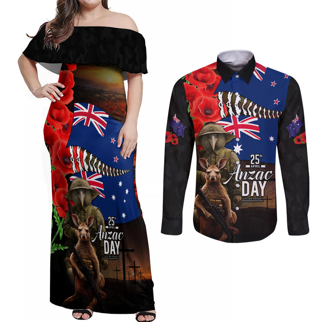New Zealand and Australia ANZAC Day Couples Matching Off Shoulder Maxi Dress and Long Sleeve Button Shirt National Flag mix Kiwi Bird and Kangaroo Soldier Style