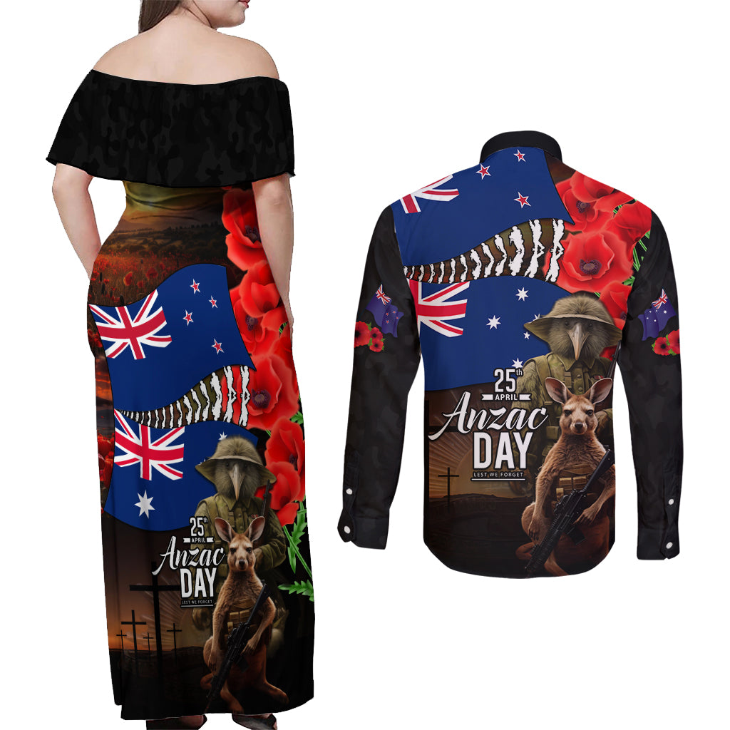 New Zealand and Australia ANZAC Day Couples Matching Off Shoulder Maxi Dress and Long Sleeve Button Shirt National Flag mix Kiwi Bird and Kangaroo Soldier Style