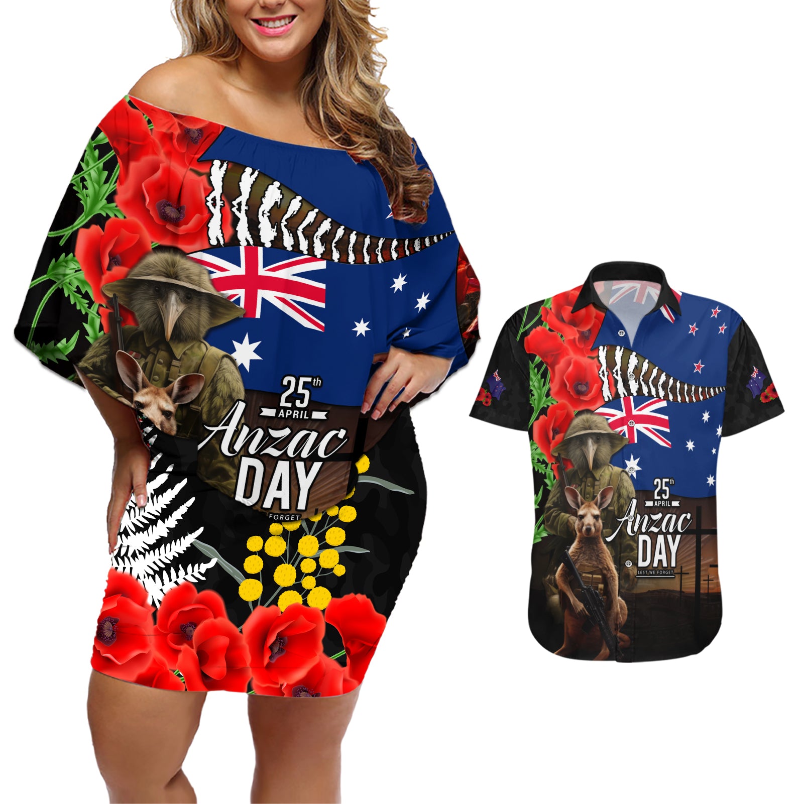 New Zealand and Australia ANZAC Day Couples Matching Off Shoulder Short Dress and Hawaiian Shirt National Flag mix Kiwi Bird and Kangaroo Soldier Style