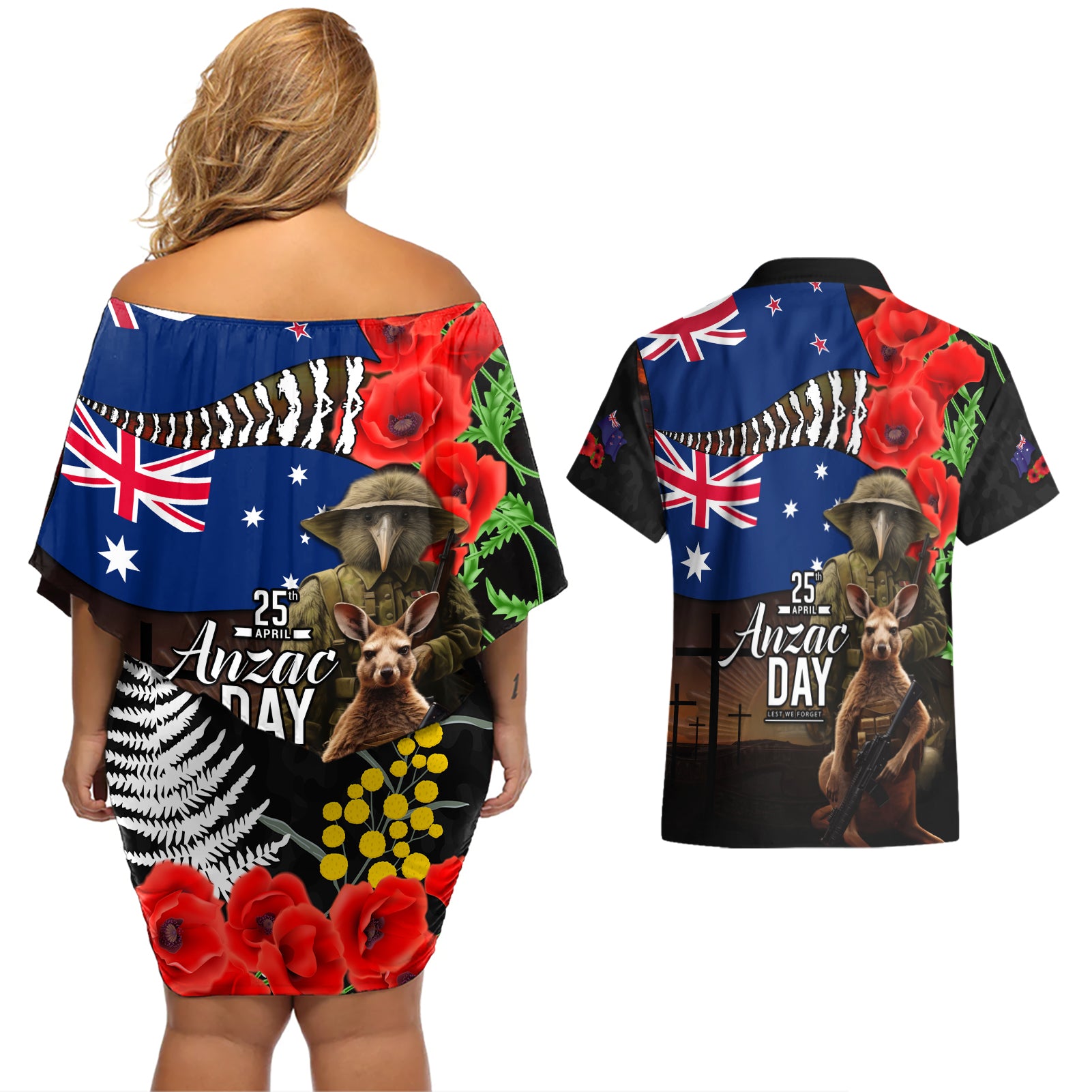 New Zealand and Australia ANZAC Day Couples Matching Off Shoulder Short Dress and Hawaiian Shirt National Flag mix Kiwi Bird and Kangaroo Soldier Style