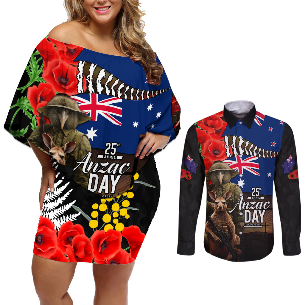 New Zealand and Australia ANZAC Day Couples Matching Off Shoulder Short Dress and Long Sleeve Button Shirt National Flag mix Kiwi Bird and Kangaroo Soldier Style