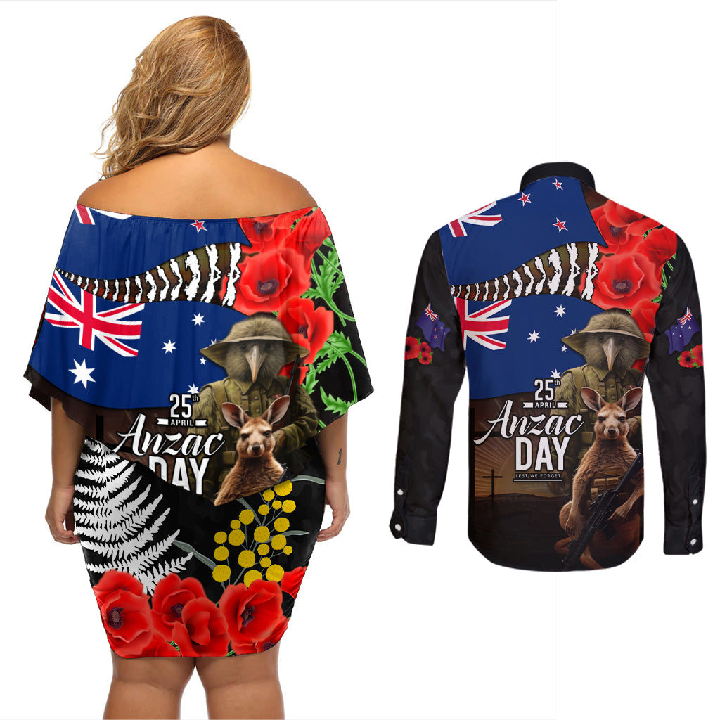 New Zealand and Australia ANZAC Day Couples Matching Off Shoulder Short Dress and Long Sleeve Button Shirt National Flag mix Kiwi Bird and Kangaroo Soldier Style