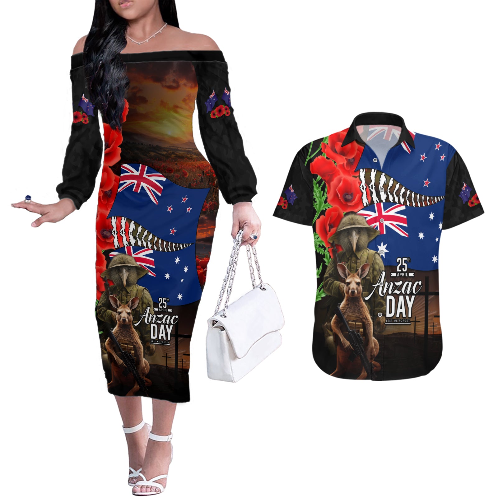 New Zealand and Australia ANZAC Day Couples Matching Off The Shoulder Long Sleeve Dress and Hawaiian Shirt National Flag mix Kiwi Bird and Kangaroo Soldier Style