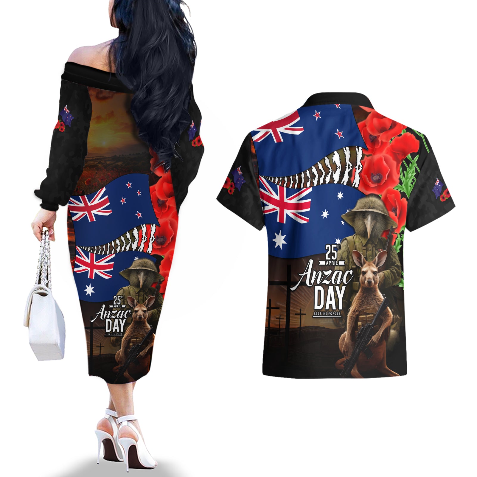 New Zealand and Australia ANZAC Day Couples Matching Off The Shoulder Long Sleeve Dress and Hawaiian Shirt National Flag mix Kiwi Bird and Kangaroo Soldier Style