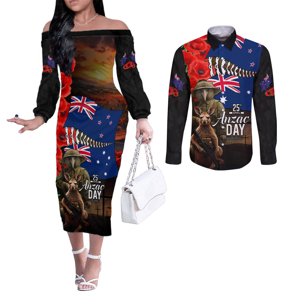New Zealand and Australia ANZAC Day Couples Matching Off The Shoulder Long Sleeve Dress and Long Sleeve Button Shirt National Flag mix Kiwi Bird and Kangaroo Soldier Style