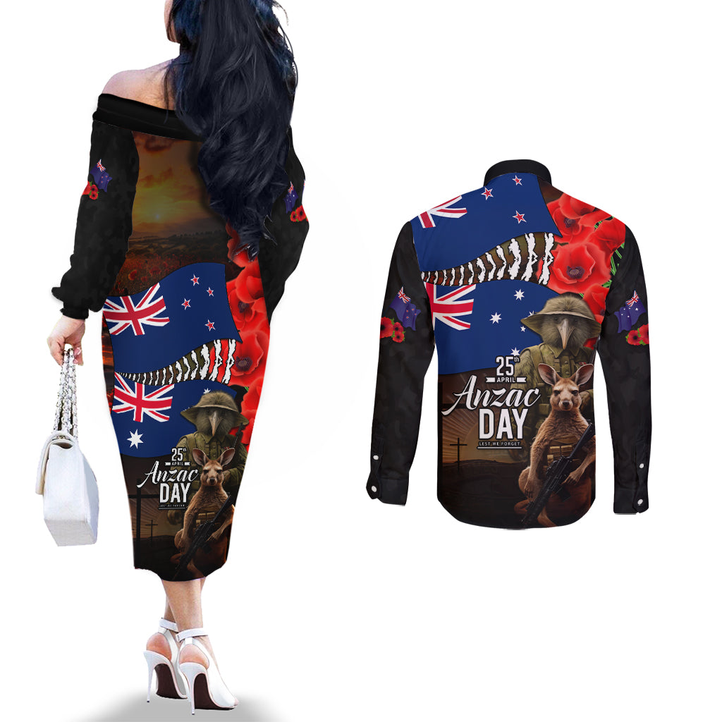 New Zealand and Australia ANZAC Day Couples Matching Off The Shoulder Long Sleeve Dress and Long Sleeve Button Shirt National Flag mix Kiwi Bird and Kangaroo Soldier Style