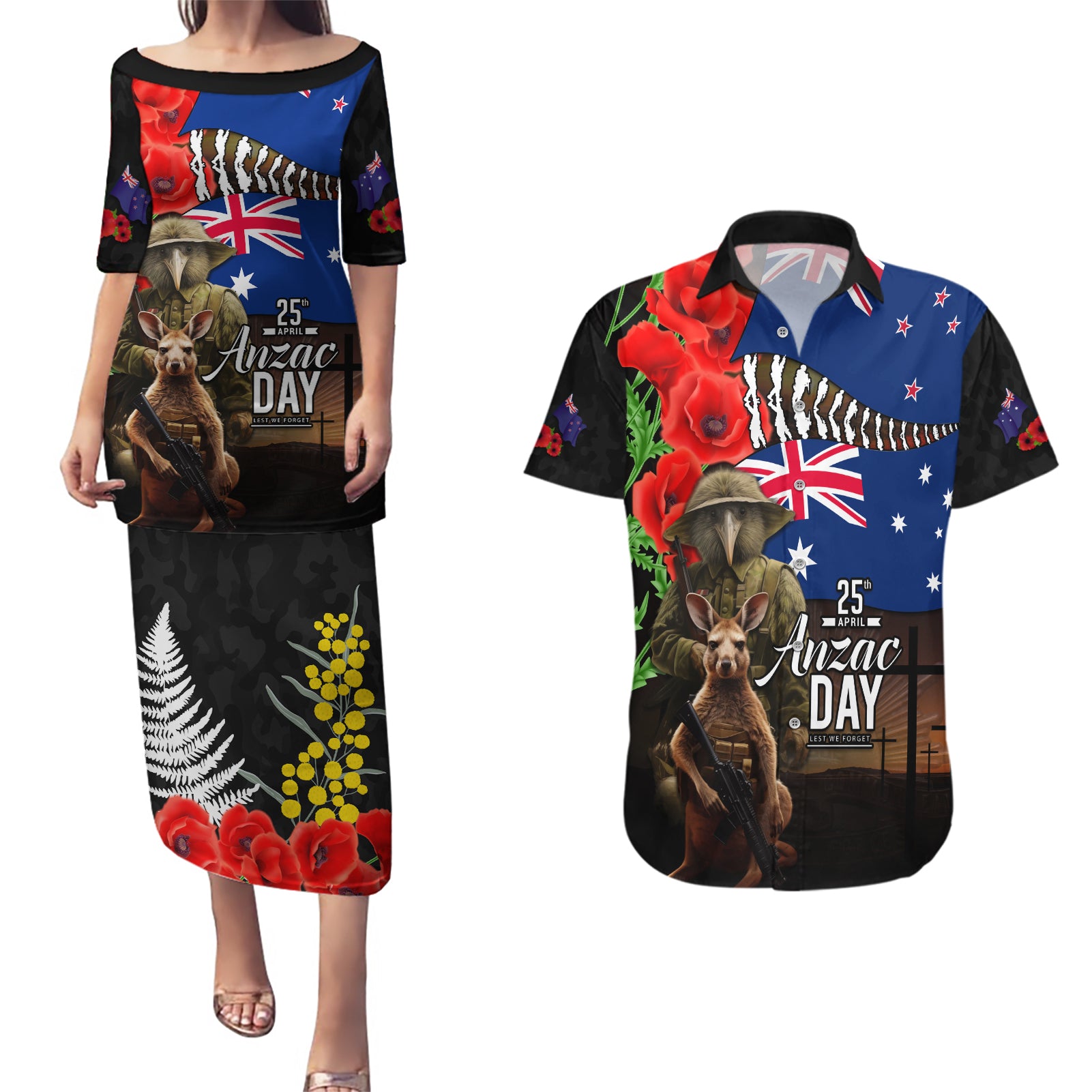 New Zealand and Australia ANZAC Day Couples Matching Puletasi and Hawaiian Shirt National Flag mix Kiwi Bird and Kangaroo Soldier Style