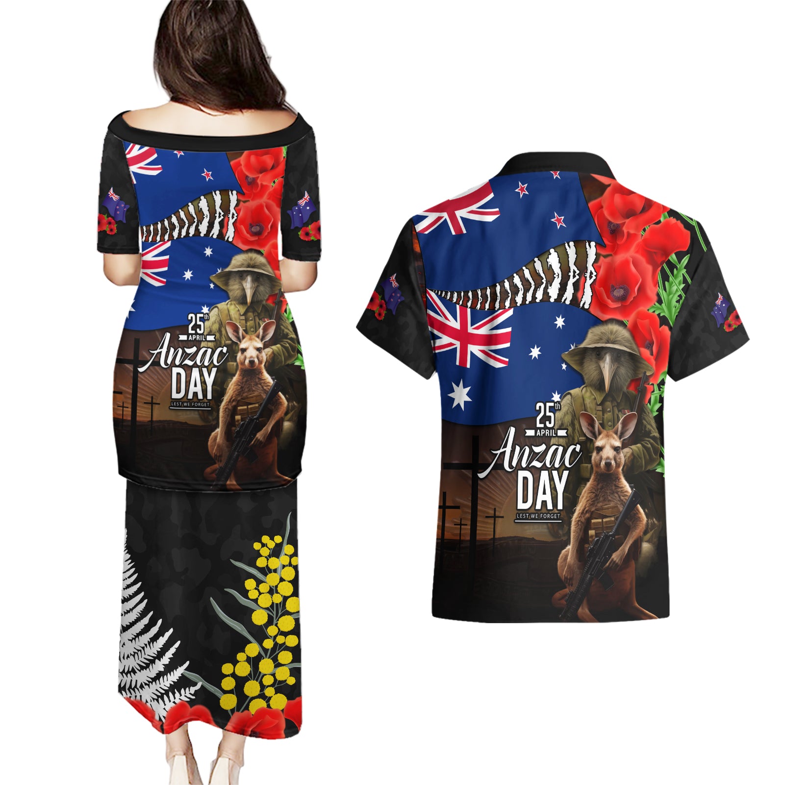 New Zealand and Australia ANZAC Day Couples Matching Puletasi and Hawaiian Shirt National Flag mix Kiwi Bird and Kangaroo Soldier Style