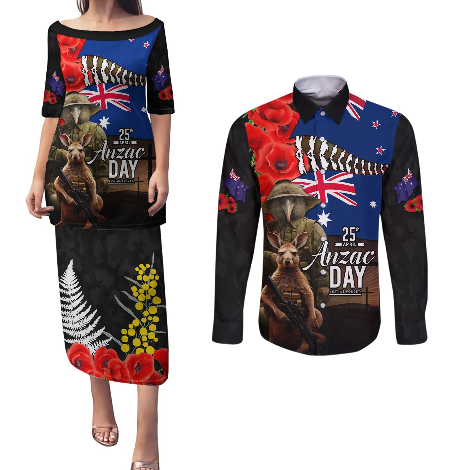 New Zealand and Australia ANZAC Day Couples Matching Puletasi and Long Sleeve Button Shirt National Flag mix Kiwi Bird and Kangaroo Soldier Style