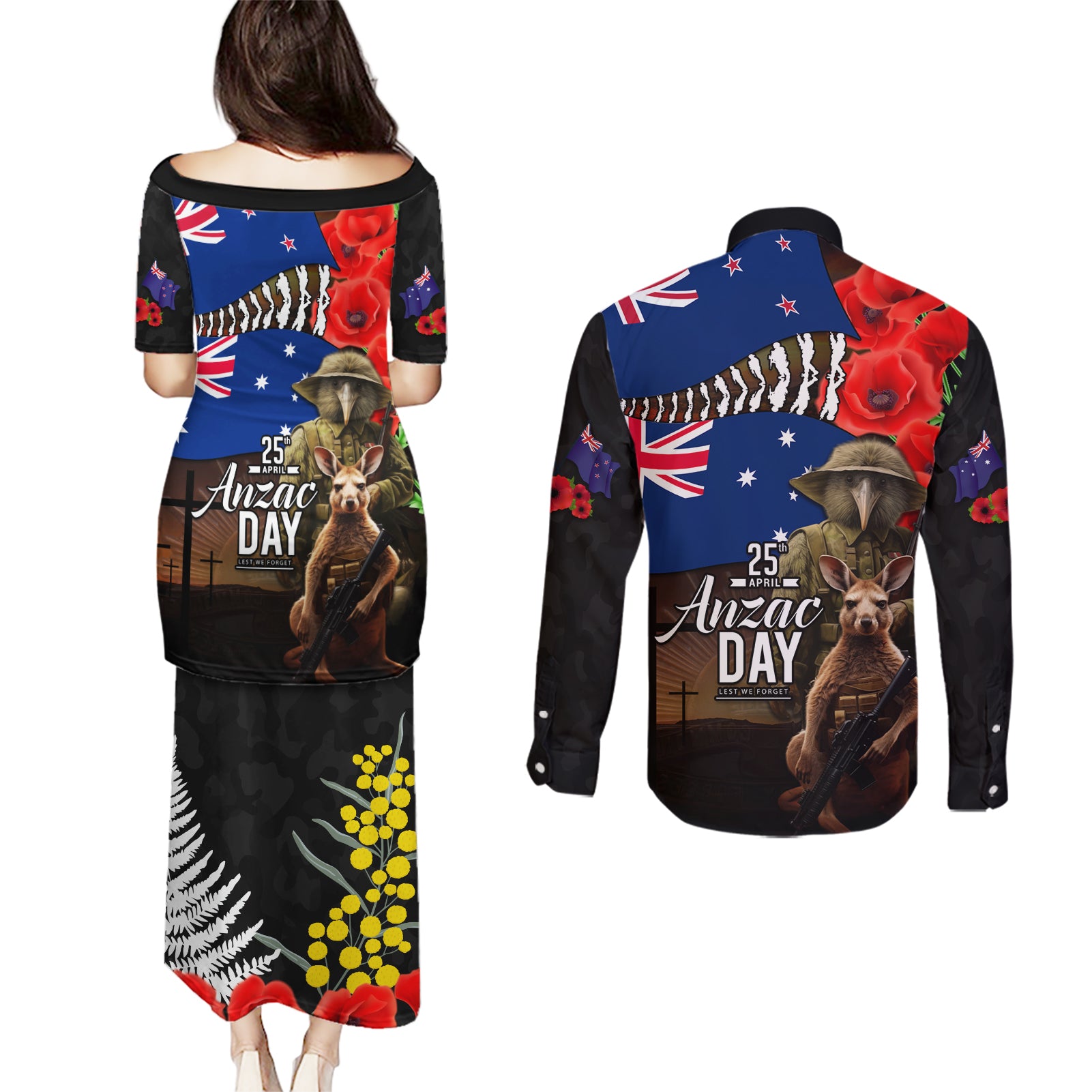 New Zealand and Australia ANZAC Day Couples Matching Puletasi and Long Sleeve Button Shirt National Flag mix Kiwi Bird and Kangaroo Soldier Style
