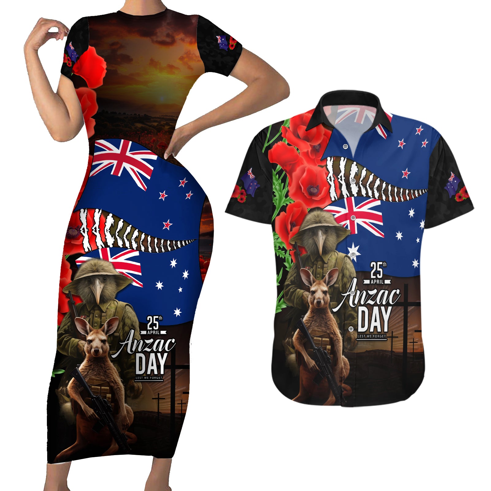 New Zealand and Australia ANZAC Day Couples Matching Short Sleeve Bodycon Dress and Hawaiian Shirt National Flag mix Kiwi Bird and Kangaroo Soldier Style