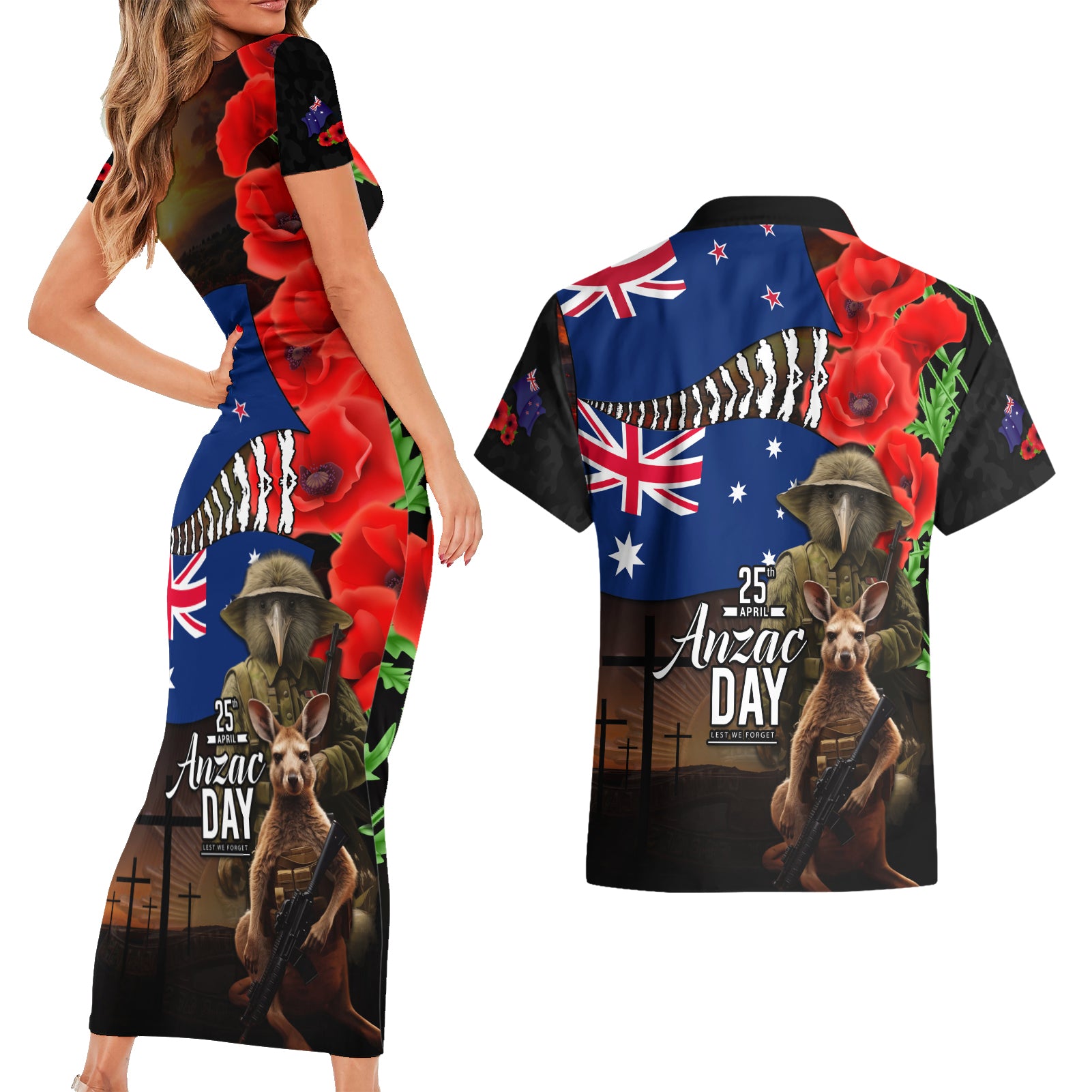 New Zealand and Australia ANZAC Day Couples Matching Short Sleeve Bodycon Dress and Hawaiian Shirt National Flag mix Kiwi Bird and Kangaroo Soldier Style