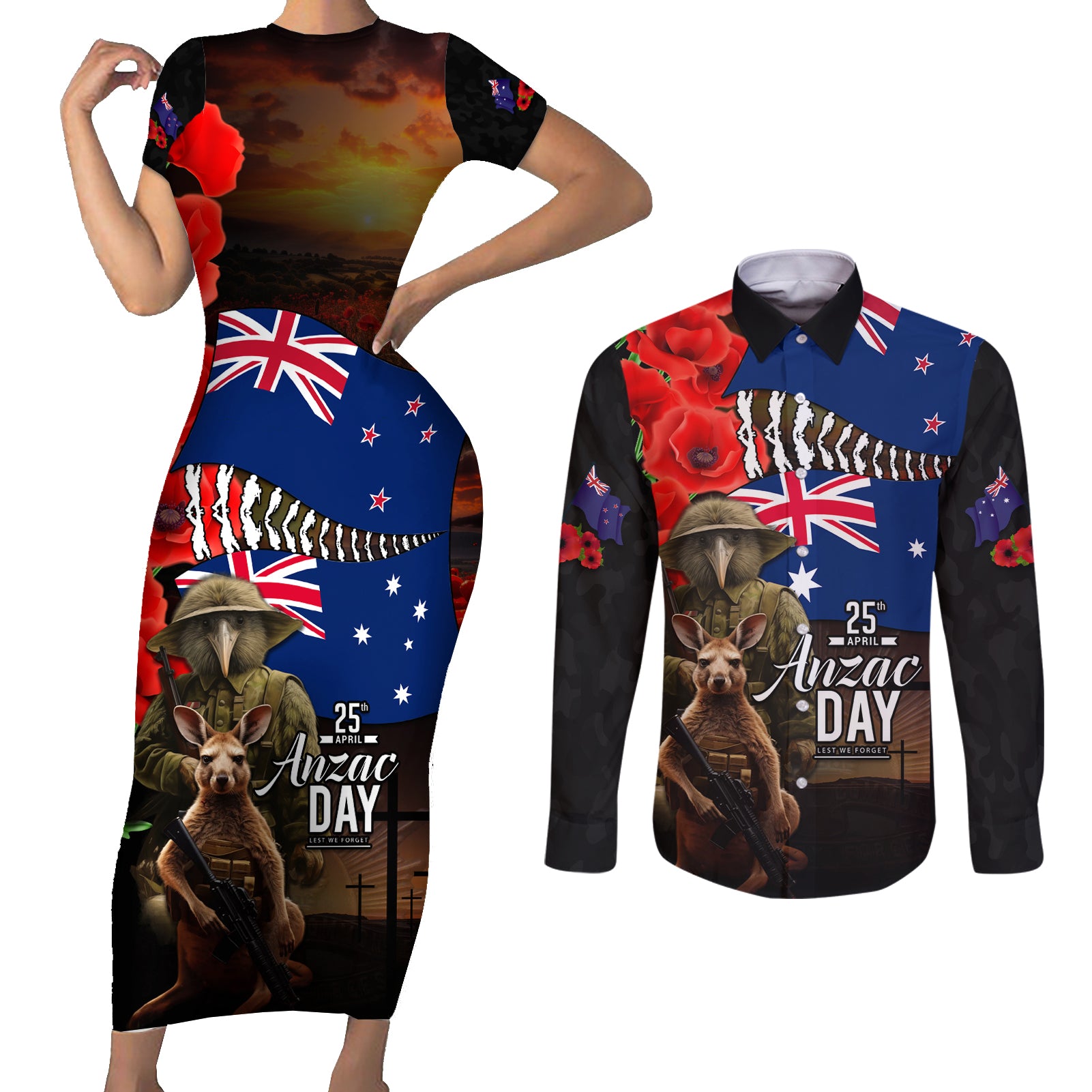 New Zealand and Australia ANZAC Day Couples Matching Short Sleeve Bodycon Dress and Long Sleeve Button Shirt National Flag mix Kiwi Bird and Kangaroo Soldier Style