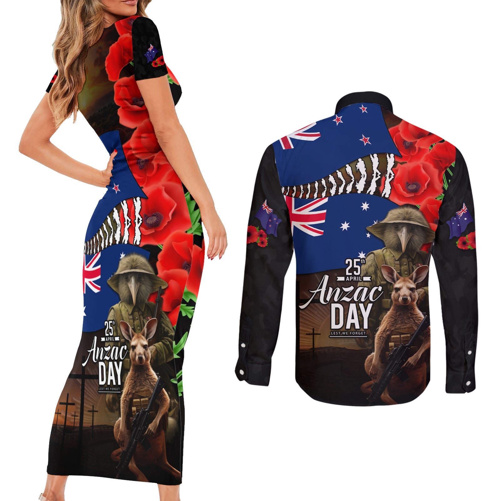 New Zealand and Australia ANZAC Day Couples Matching Short Sleeve Bodycon Dress and Long Sleeve Button Shirt National Flag mix Kiwi Bird and Kangaroo Soldier Style