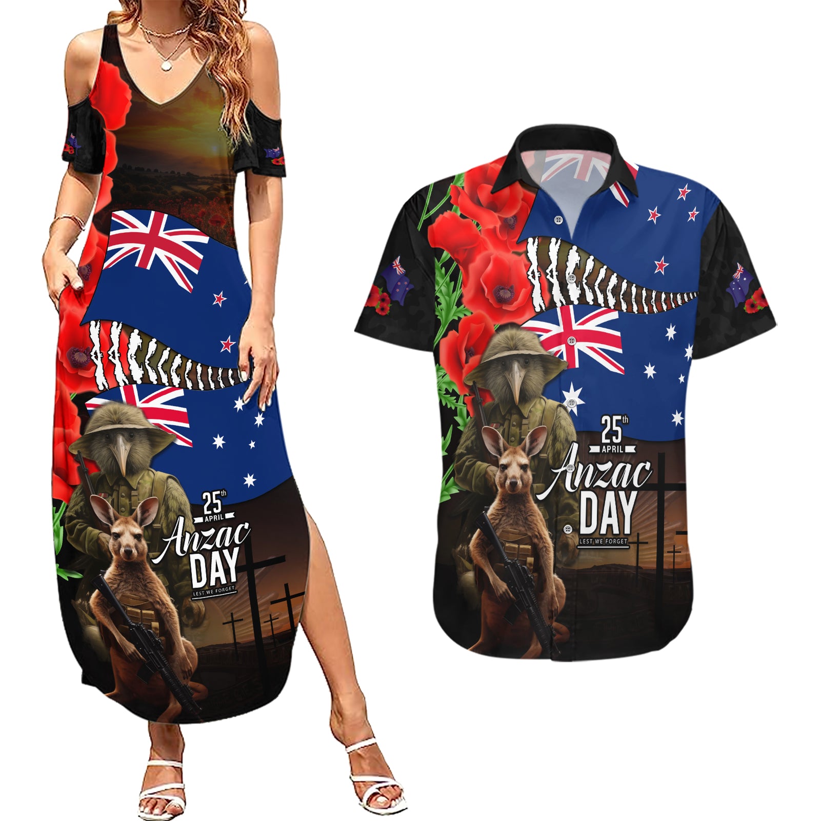 New Zealand and Australia ANZAC Day Couples Matching Summer Maxi Dress and Hawaiian Shirt National Flag mix Kiwi Bird and Kangaroo Soldier Style