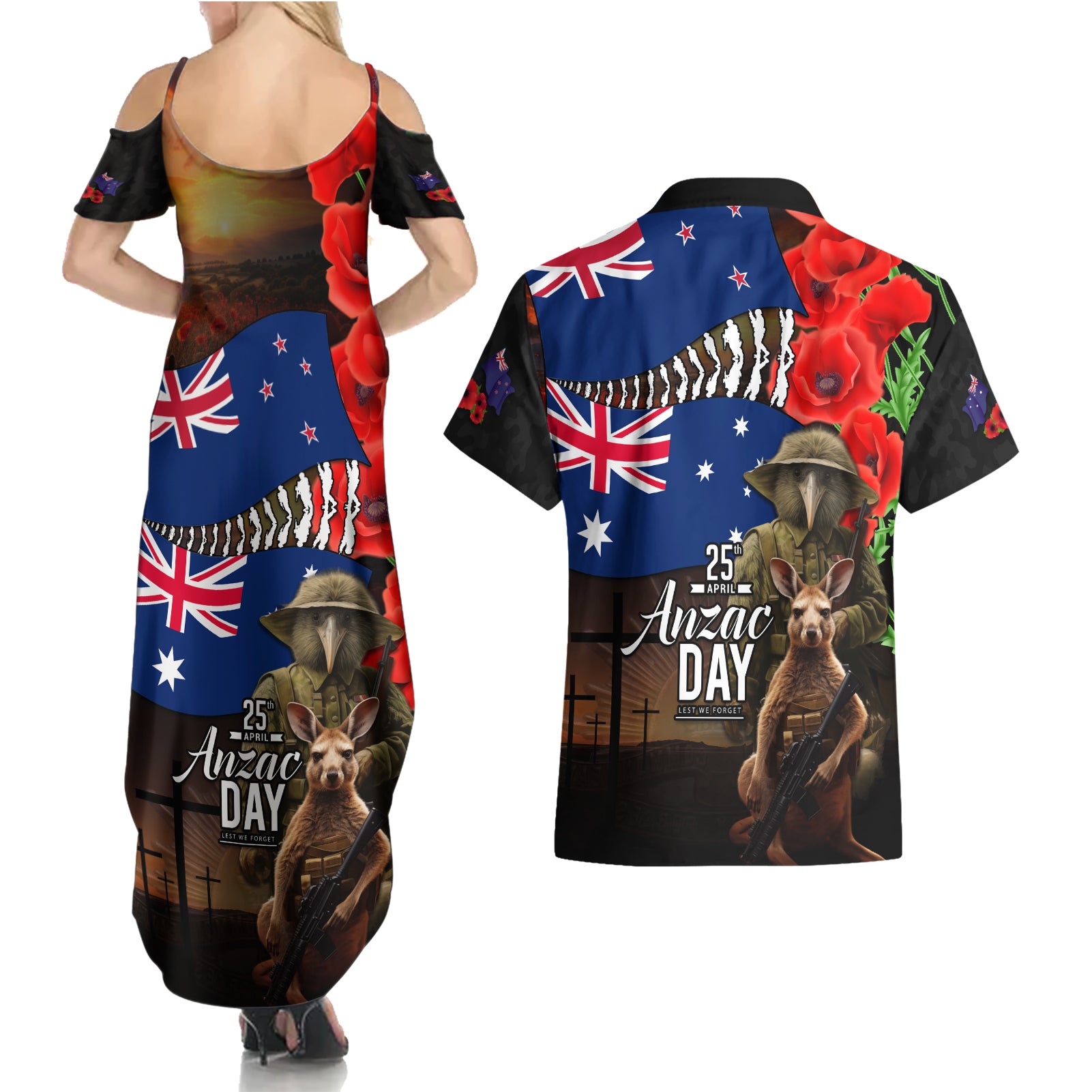 New Zealand and Australia ANZAC Day Couples Matching Summer Maxi Dress and Hawaiian Shirt National Flag mix Kiwi Bird and Kangaroo Soldier Style