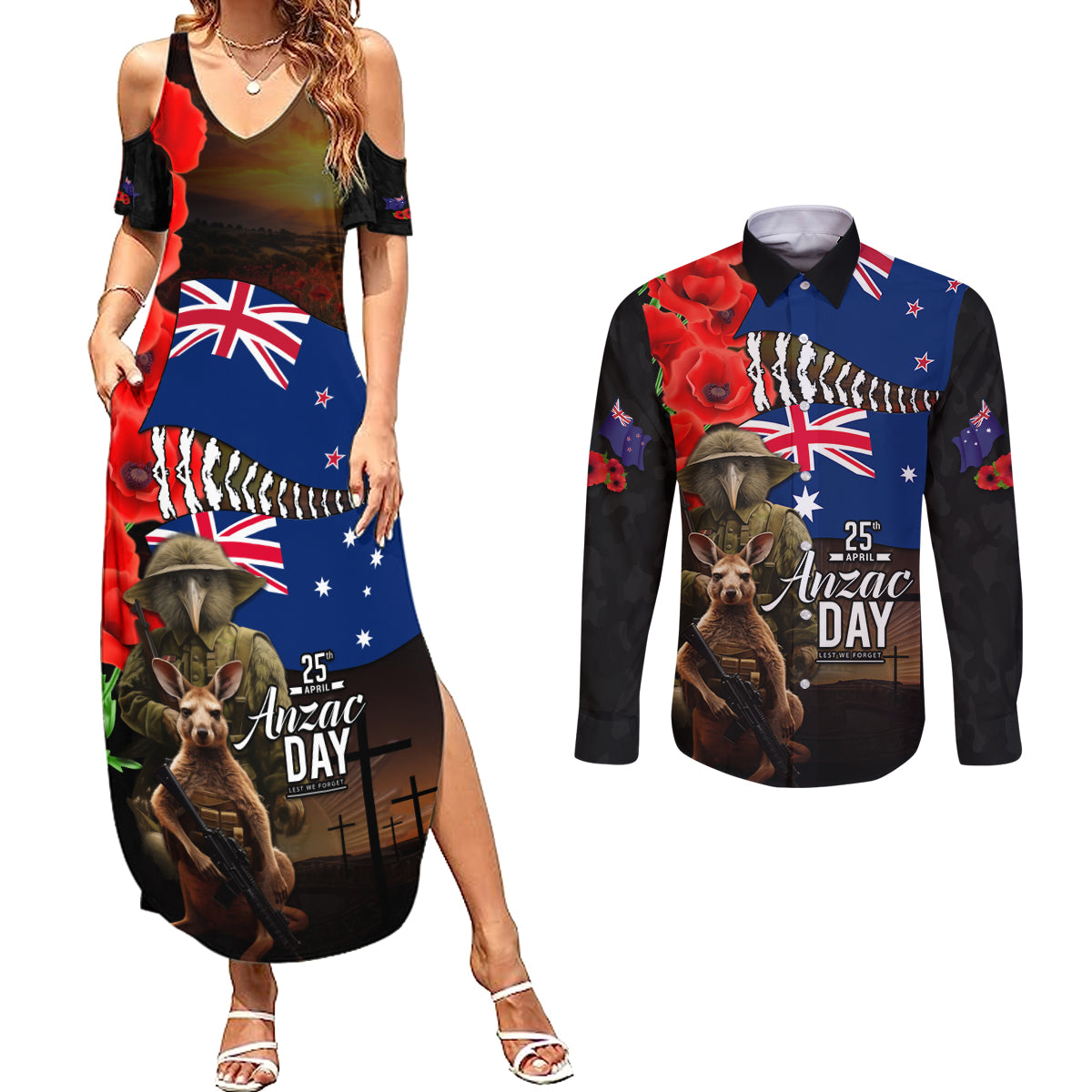 New Zealand and Australia ANZAC Day Couples Matching Summer Maxi Dress and Long Sleeve Button Shirt National Flag mix Kiwi Bird and Kangaroo Soldier Style