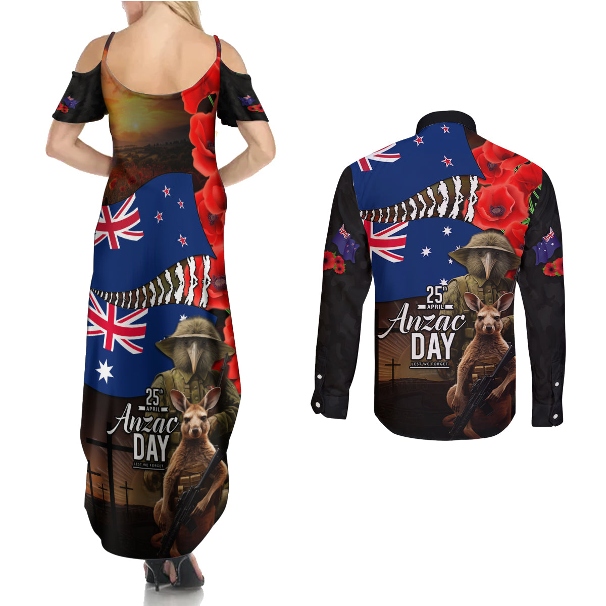 New Zealand and Australia ANZAC Day Couples Matching Summer Maxi Dress and Long Sleeve Button Shirt National Flag mix Kiwi Bird and Kangaroo Soldier Style