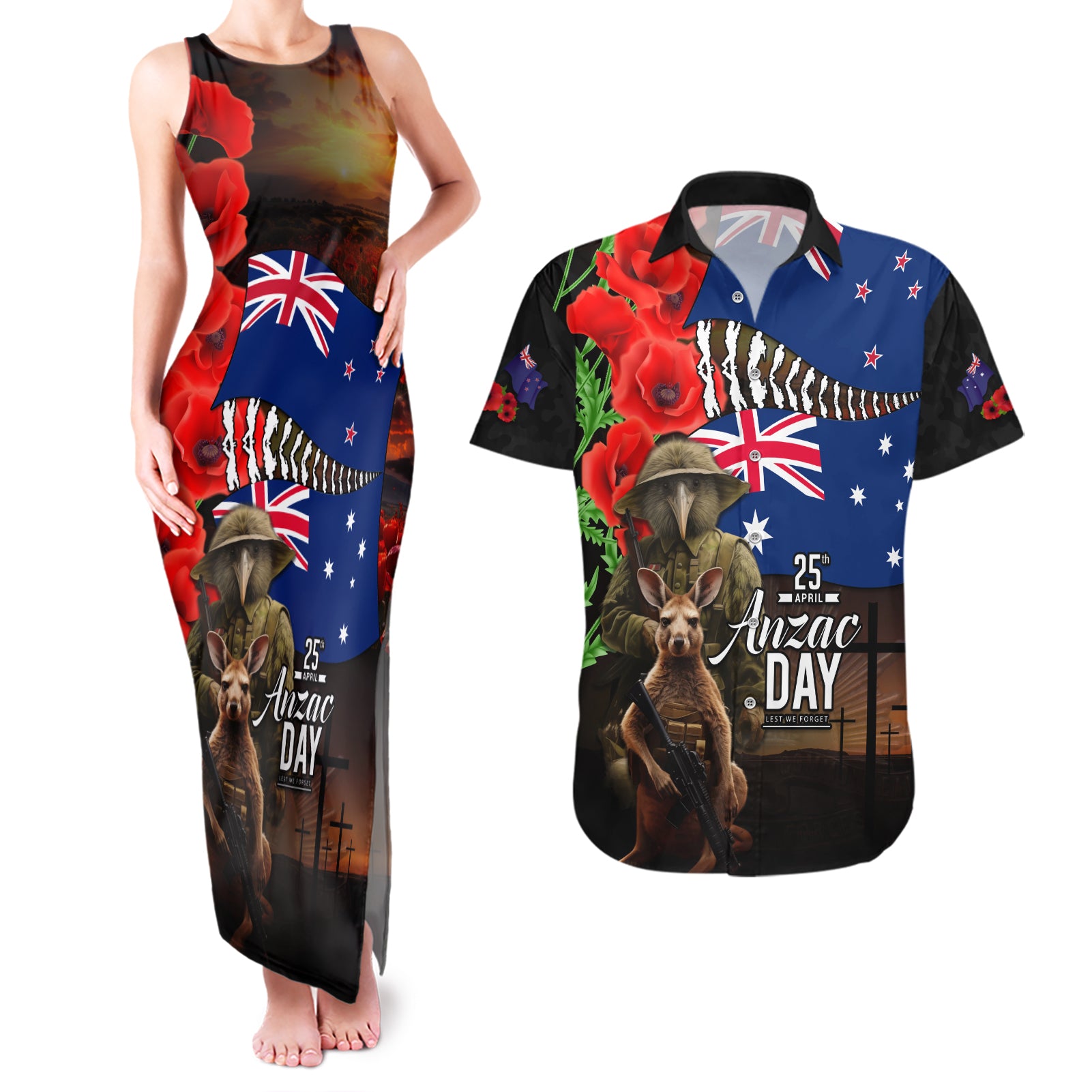 New Zealand and Australia ANZAC Day Couples Matching Tank Maxi Dress and Hawaiian Shirt National Flag mix Kiwi Bird and Kangaroo Soldier Style