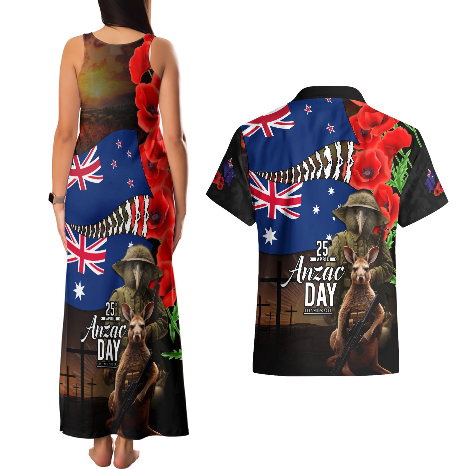 New Zealand and Australia ANZAC Day Couples Matching Tank Maxi Dress and Hawaiian Shirt National Flag mix Kiwi Bird and Kangaroo Soldier Style