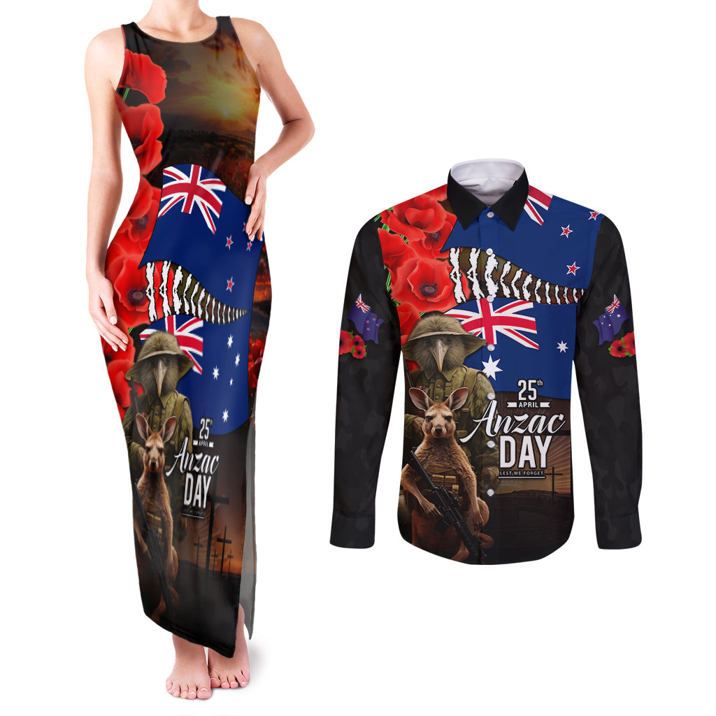 New Zealand and Australia ANZAC Day Couples Matching Tank Maxi Dress and Long Sleeve Button Shirt National Flag mix Kiwi Bird and Kangaroo Soldier Style