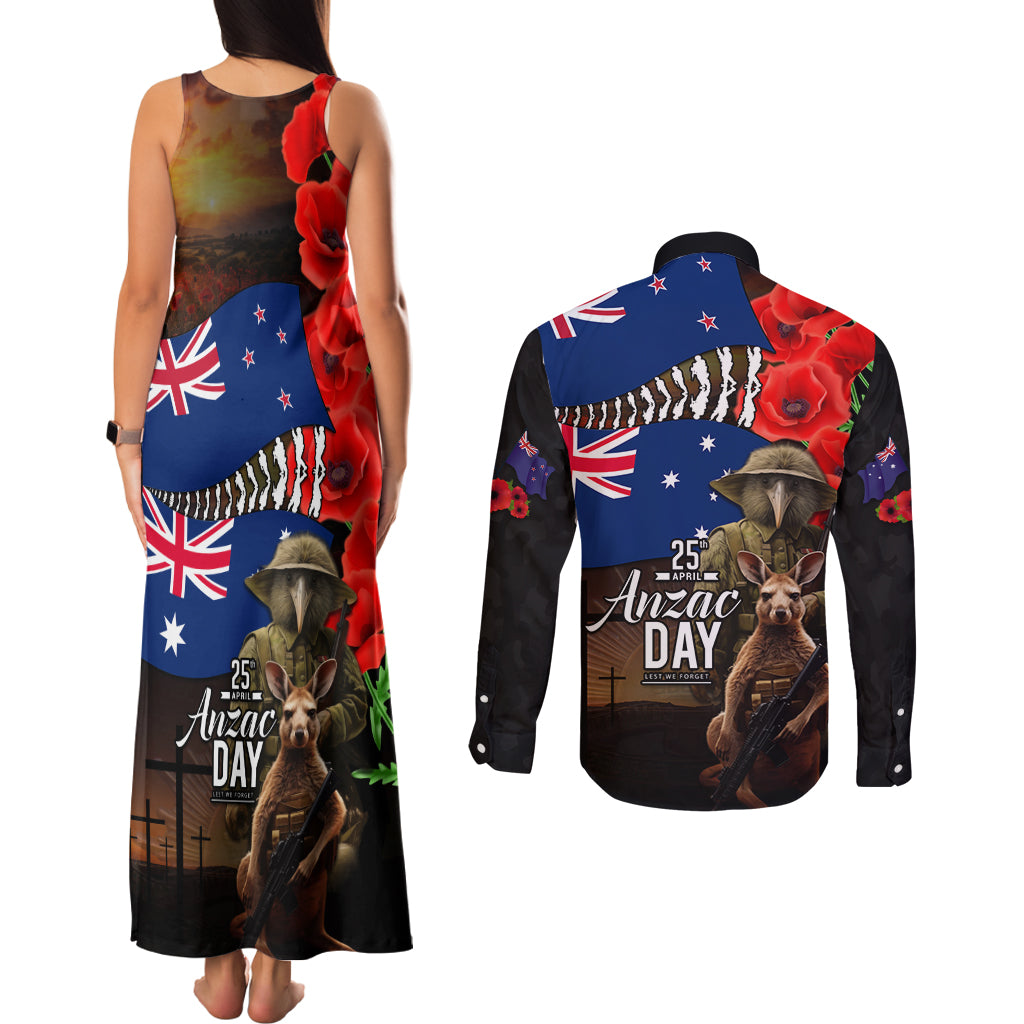 New Zealand and Australia ANZAC Day Couples Matching Tank Maxi Dress and Long Sleeve Button Shirt National Flag mix Kiwi Bird and Kangaroo Soldier Style