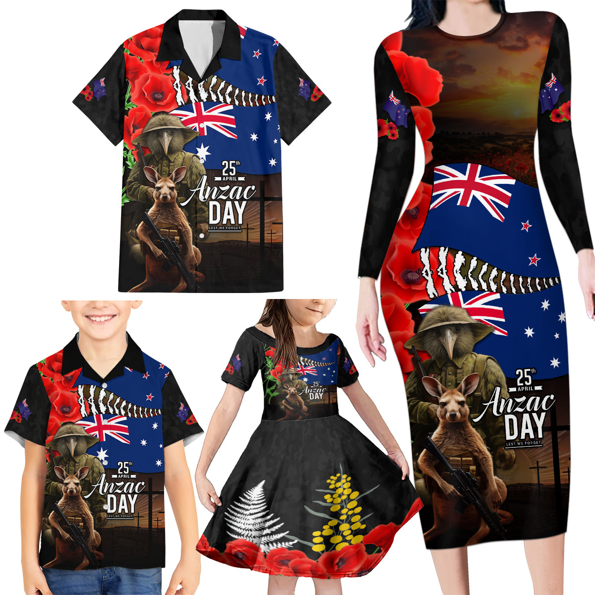 New Zealand and Australia ANZAC Day Family Matching Long Sleeve Bodycon Dress and Hawaiian Shirt National Flag mix Kiwi Bird and Kangaroo Soldier Style