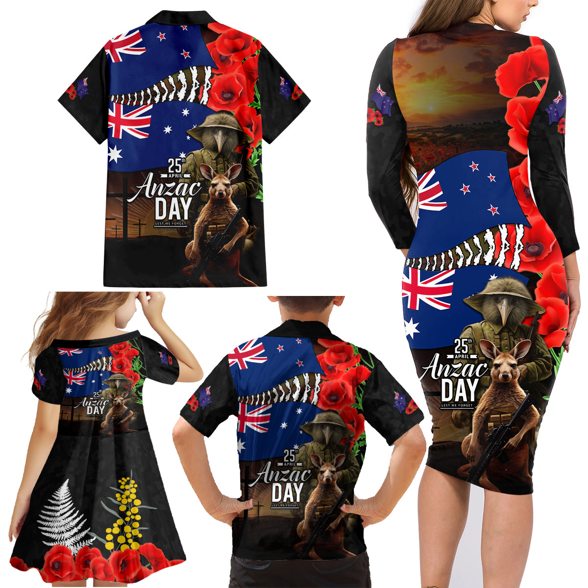 New Zealand and Australia ANZAC Day Family Matching Long Sleeve Bodycon Dress and Hawaiian Shirt National Flag mix Kiwi Bird and Kangaroo Soldier Style