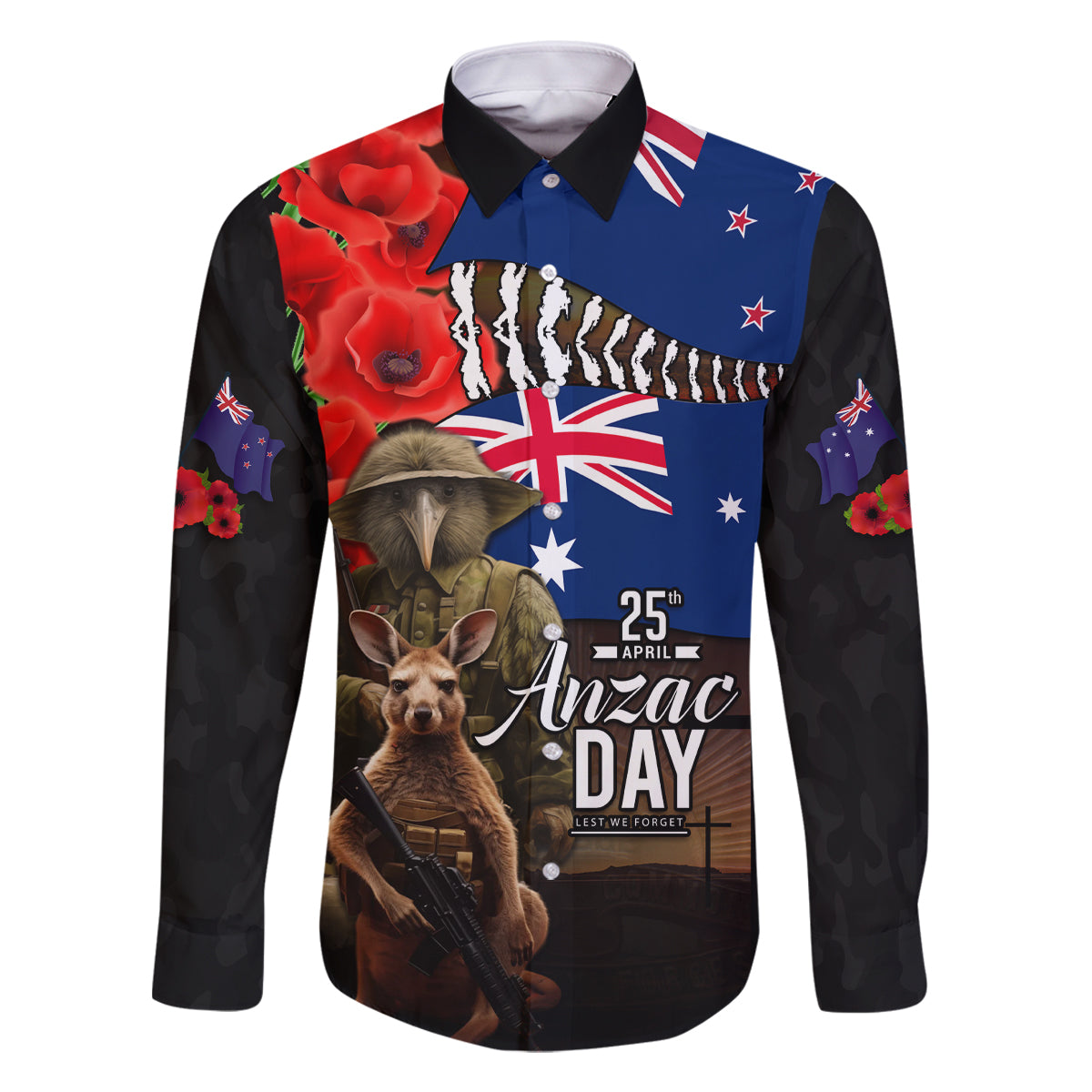 New Zealand and Australia ANZAC Day Family Matching Long Sleeve Bodycon Dress and Hawaiian Shirt National Flag mix Kiwi Bird and Kangaroo Soldier Style