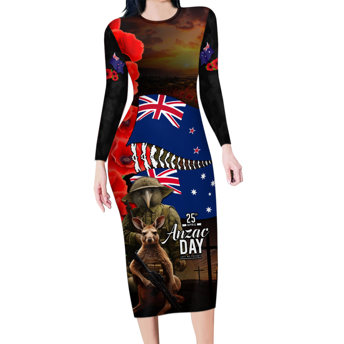 New Zealand and Australia ANZAC Day Family Matching Long Sleeve Bodycon Dress and Hawaiian Shirt National Flag mix Kiwi Bird and Kangaroo Soldier Style