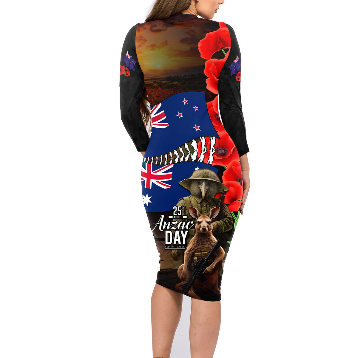 New Zealand and Australia ANZAC Day Family Matching Long Sleeve Bodycon Dress and Hawaiian Shirt National Flag mix Kiwi Bird and Kangaroo Soldier Style