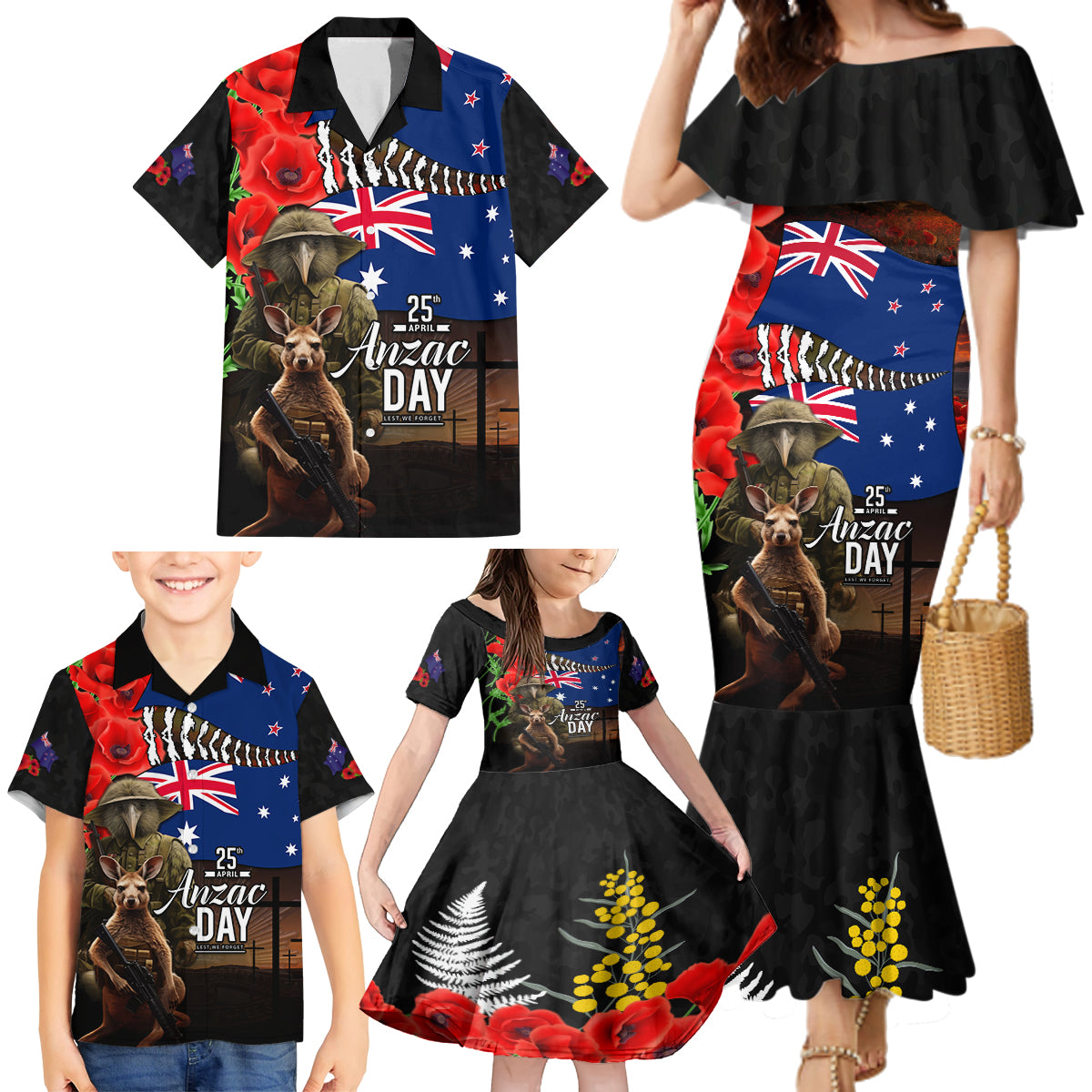 New Zealand and Australia ANZAC Day Family Matching Mermaid Dress and Hawaiian Shirt National Flag mix Kiwi Bird and Kangaroo Soldier Style