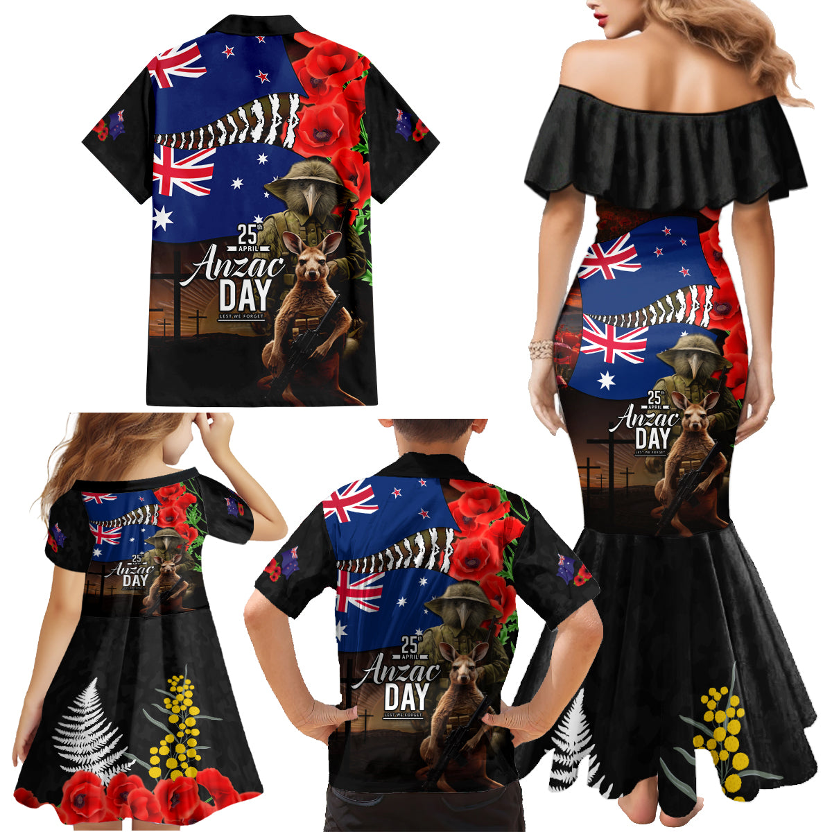 New Zealand and Australia ANZAC Day Family Matching Mermaid Dress and Hawaiian Shirt National Flag mix Kiwi Bird and Kangaroo Soldier Style