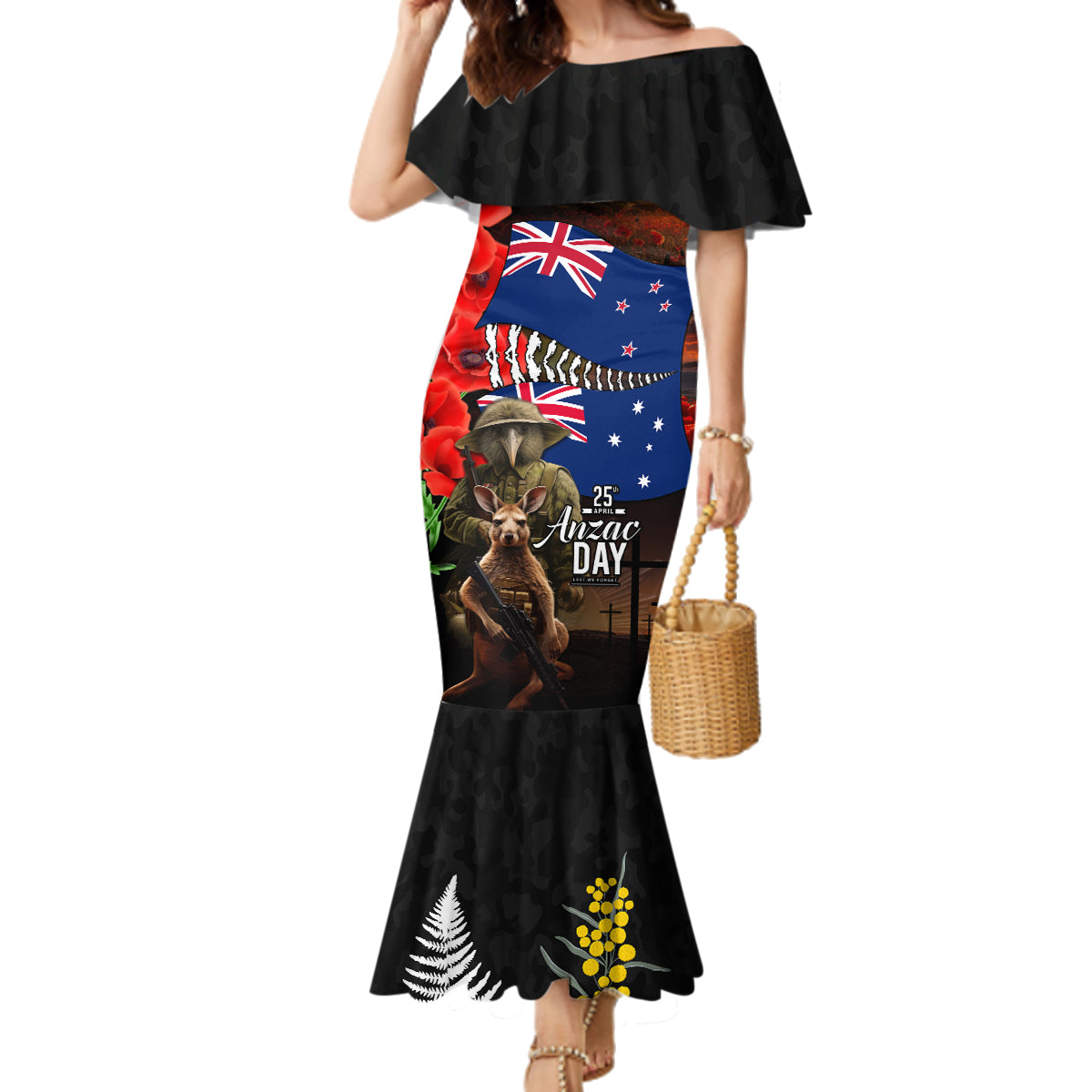 New Zealand and Australia ANZAC Day Family Matching Mermaid Dress and Hawaiian Shirt National Flag mix Kiwi Bird and Kangaroo Soldier Style