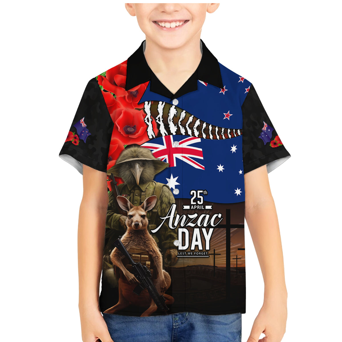 New Zealand and Australia ANZAC Day Family Matching Mermaid Dress and Hawaiian Shirt National Flag mix Kiwi Bird and Kangaroo Soldier Style