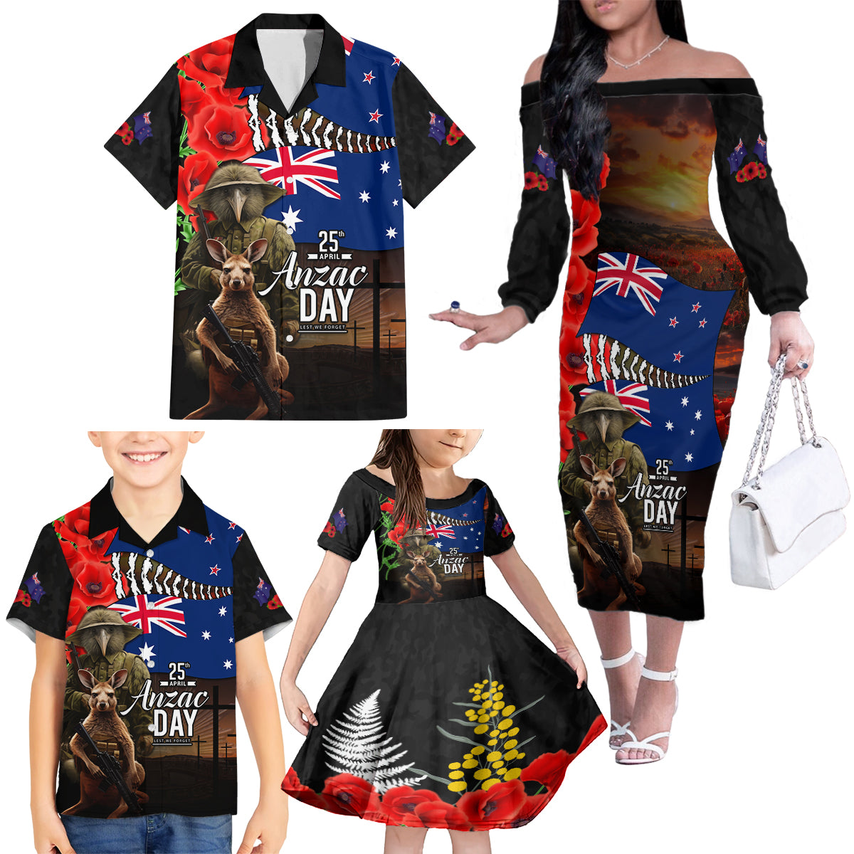 New Zealand and Australia ANZAC Day Family Matching Off The Shoulder Long Sleeve Dress and Hawaiian Shirt National Flag mix Kiwi Bird and Kangaroo Soldier Style