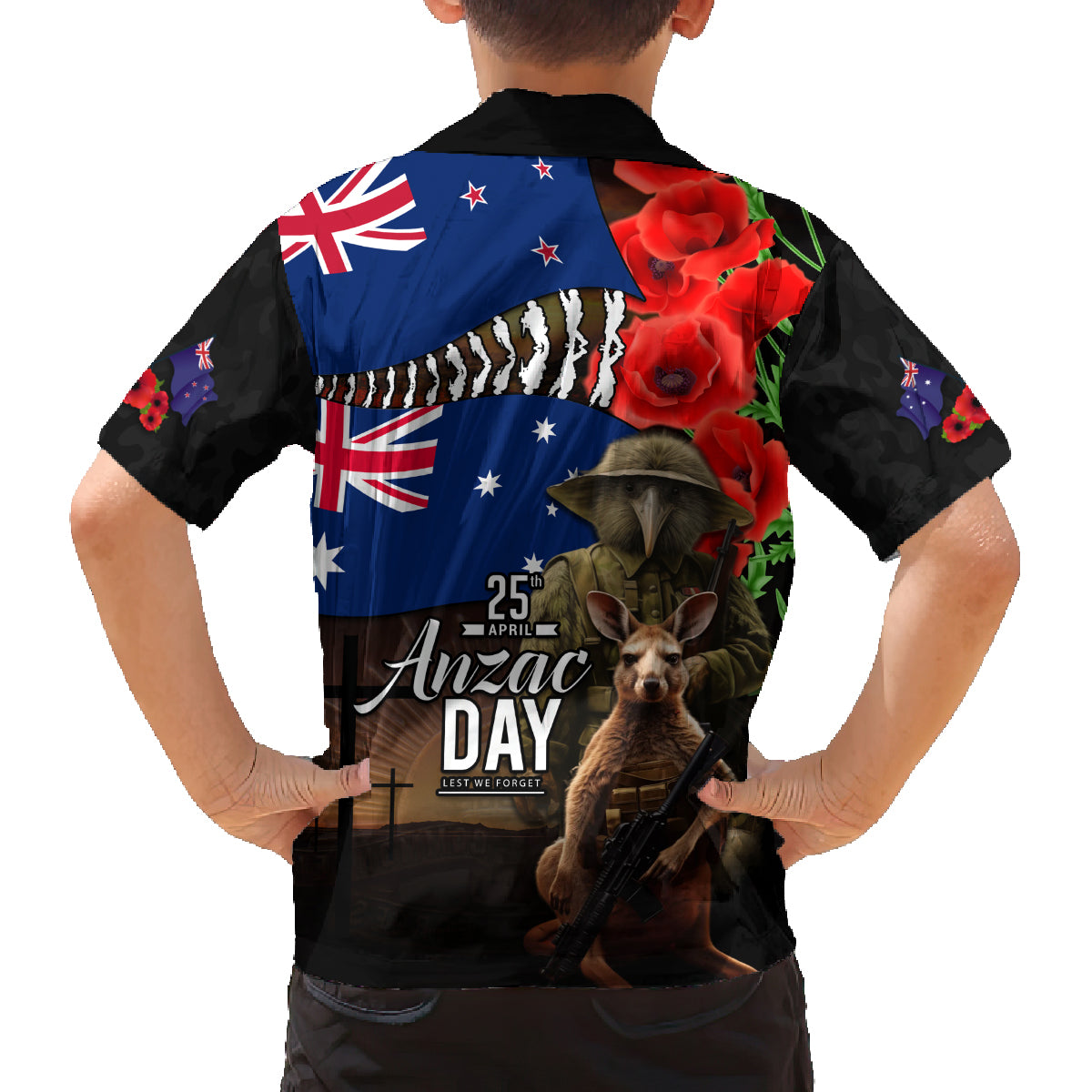 New Zealand and Australia ANZAC Day Family Matching Off The Shoulder Long Sleeve Dress and Hawaiian Shirt National Flag mix Kiwi Bird and Kangaroo Soldier Style