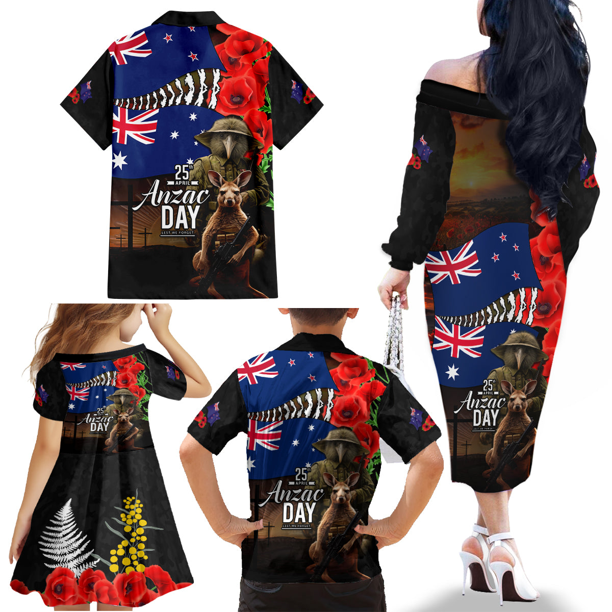 New Zealand and Australia ANZAC Day Family Matching Off The Shoulder Long Sleeve Dress and Hawaiian Shirt National Flag mix Kiwi Bird and Kangaroo Soldier Style