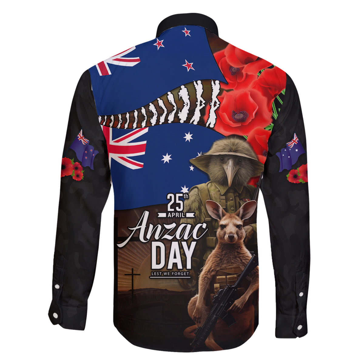 New Zealand and Australia ANZAC Day Family Matching Off The Shoulder Long Sleeve Dress and Hawaiian Shirt National Flag mix Kiwi Bird and Kangaroo Soldier Style