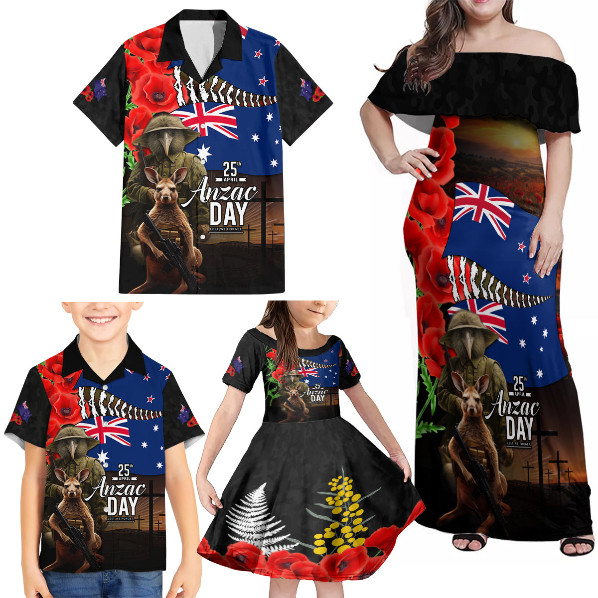 New Zealand and Australia ANZAC Day Family Matching Off Shoulder Maxi Dress and Hawaiian Shirt National Flag mix Kiwi Bird and Kangaroo Soldier Style