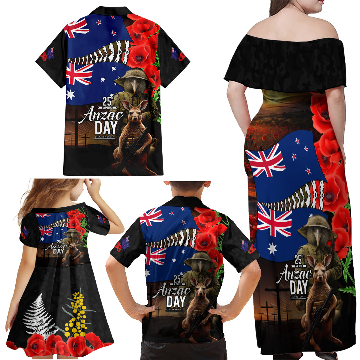 New Zealand and Australia ANZAC Day Family Matching Off Shoulder Maxi Dress and Hawaiian Shirt National Flag mix Kiwi Bird and Kangaroo Soldier Style