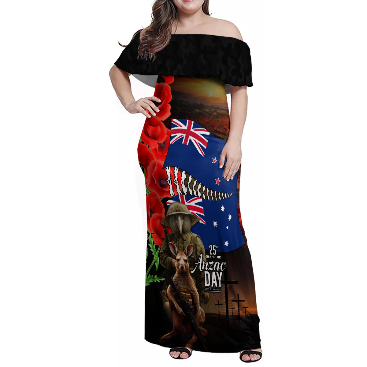 New Zealand and Australia ANZAC Day Family Matching Off Shoulder Maxi Dress and Hawaiian Shirt National Flag mix Kiwi Bird and Kangaroo Soldier Style
